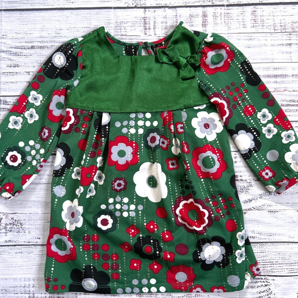 The Childrens Place Floral Dress Kids Green Satin Bow Metallic‎ 24 Months